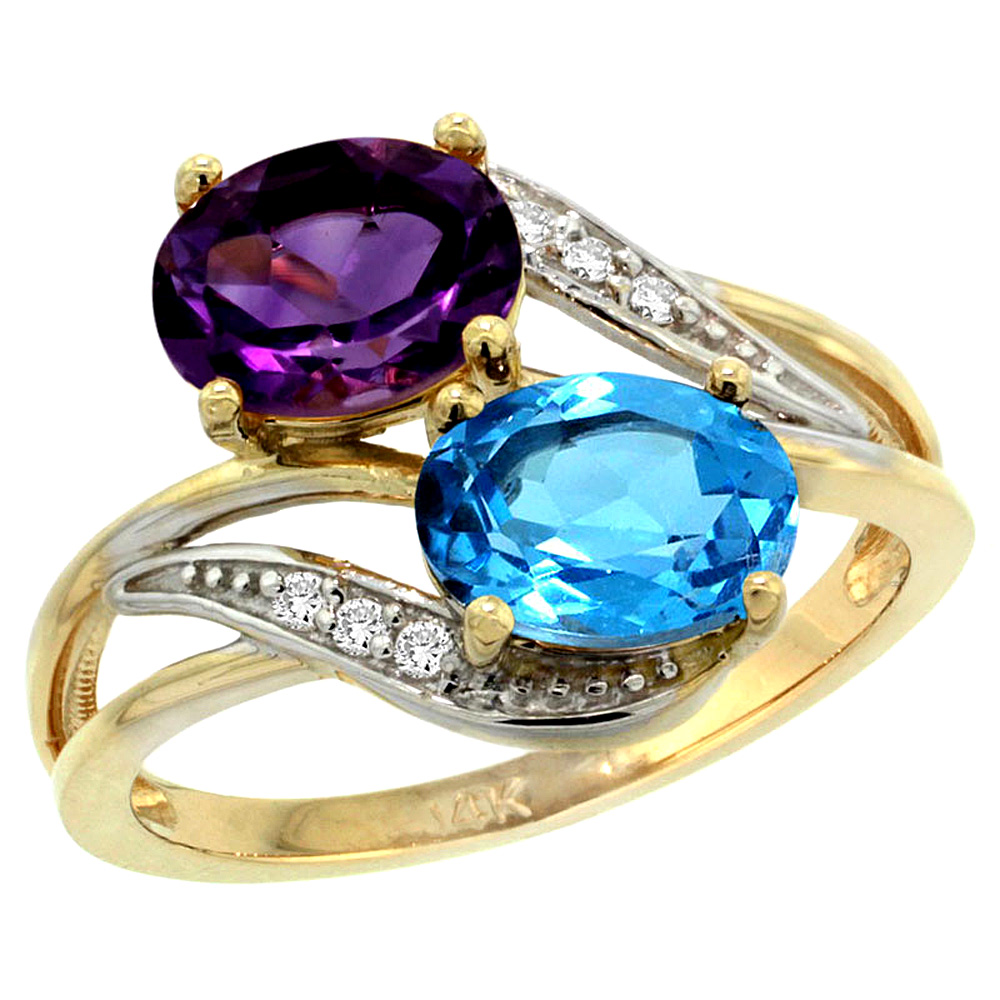10K Yellow Gold Diamond Natural Amethyst & Swiss Blue Topaz 2-stone Ring Oval 8x6mm, sizes 5 - 10