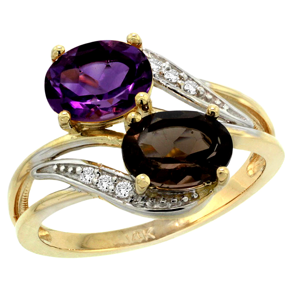 10K Yellow Gold Diamond Natural Amethyst & Smoky Topaz 2-stone Ring Oval 8x6mm, sizes 5 - 10