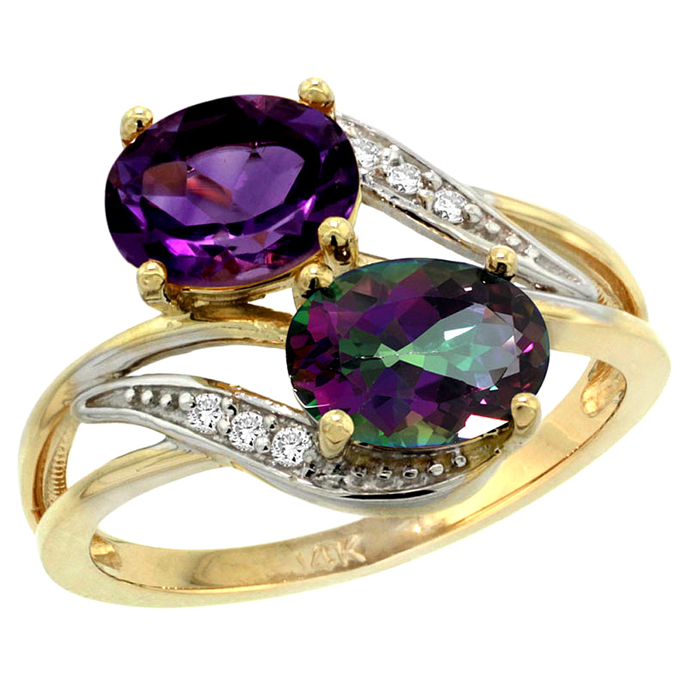 10K Yellow Gold Diamond Natural Amethyst & Mystic Topaz 2-stone Ring Oval 8x6mm, sizes 5 - 10