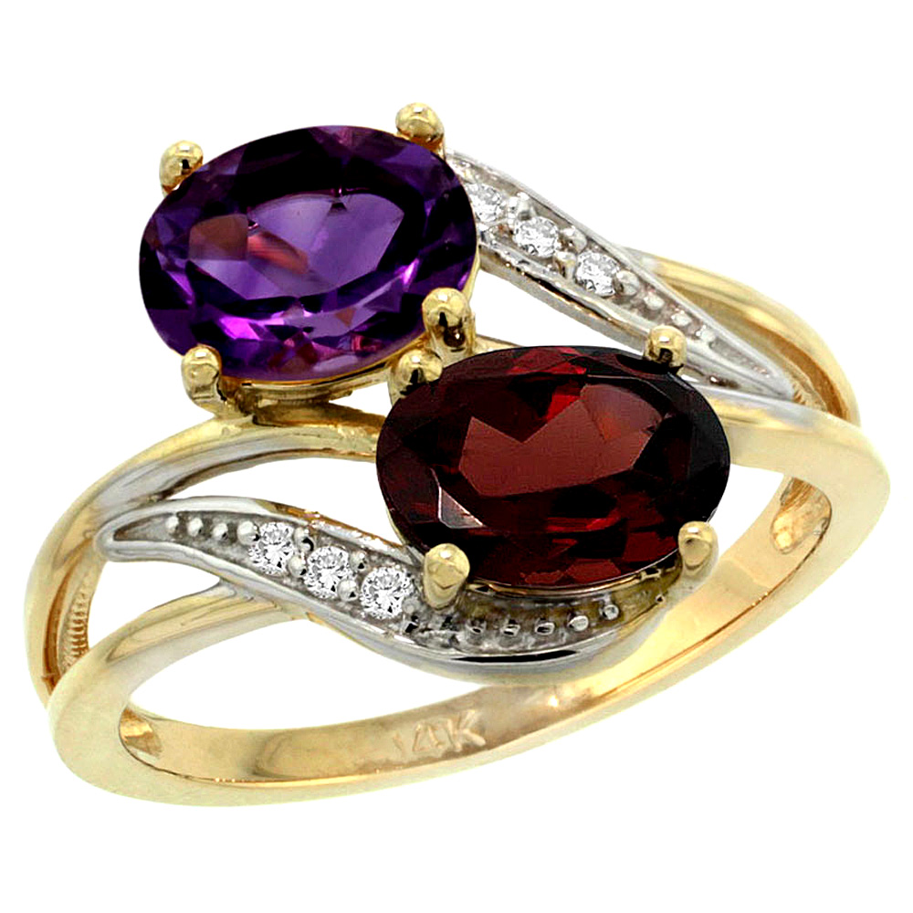 10K Yellow Gold Diamond Natural Amethyst & Garnet 2-stone Ring Oval 8x6mm, sizes 5 - 10