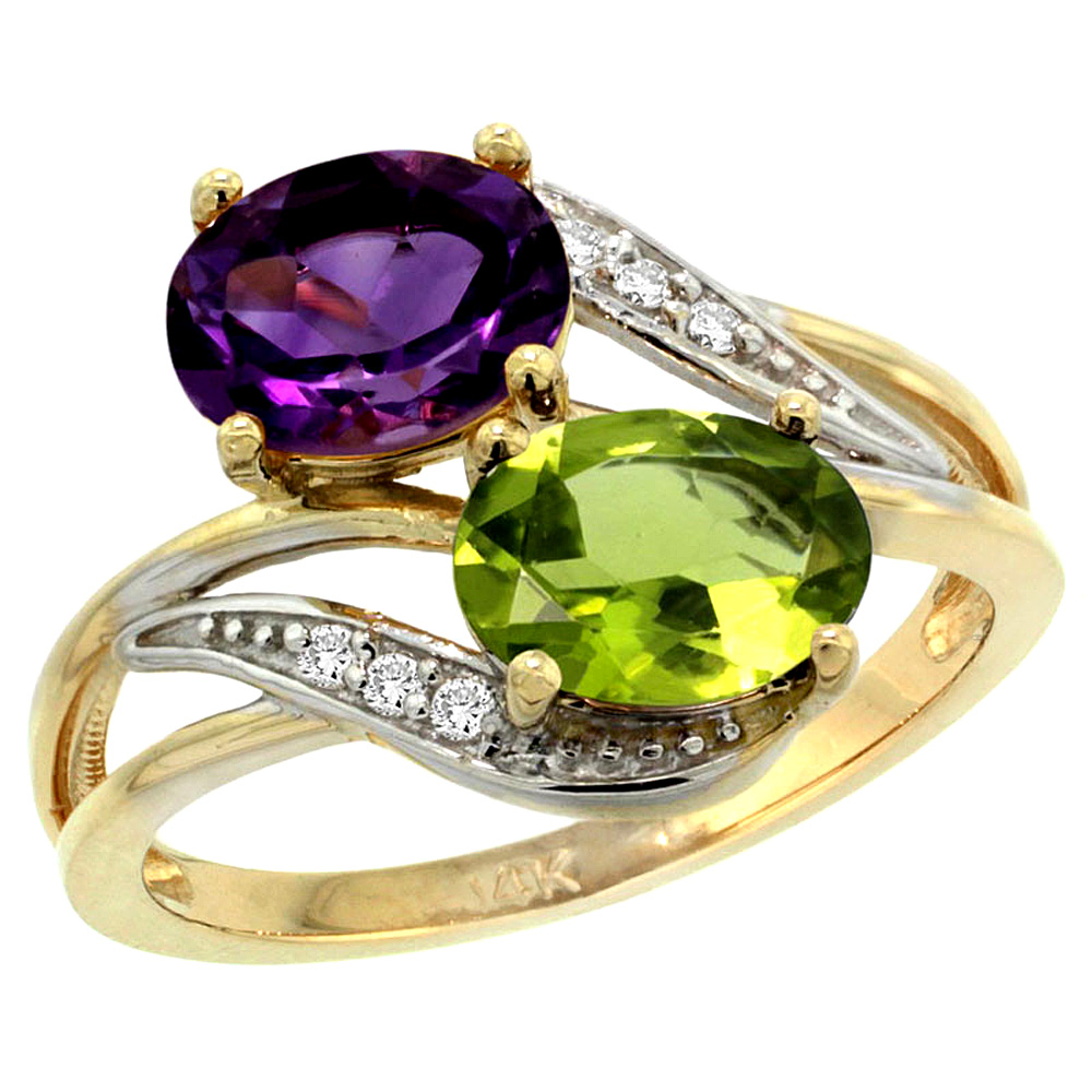10K Yellow Gold Diamond Natural Amethyst & Peridot 2-stone Ring Oval 8x6mm, sizes 5 - 10