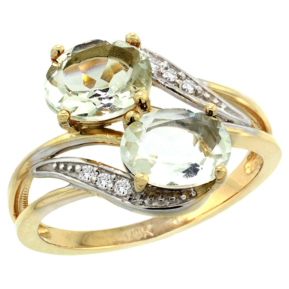 10K Yellow Gold Diamond Natural Green Amethyst 2-stone Ring Oval 8x6mm, sizes 5 - 10