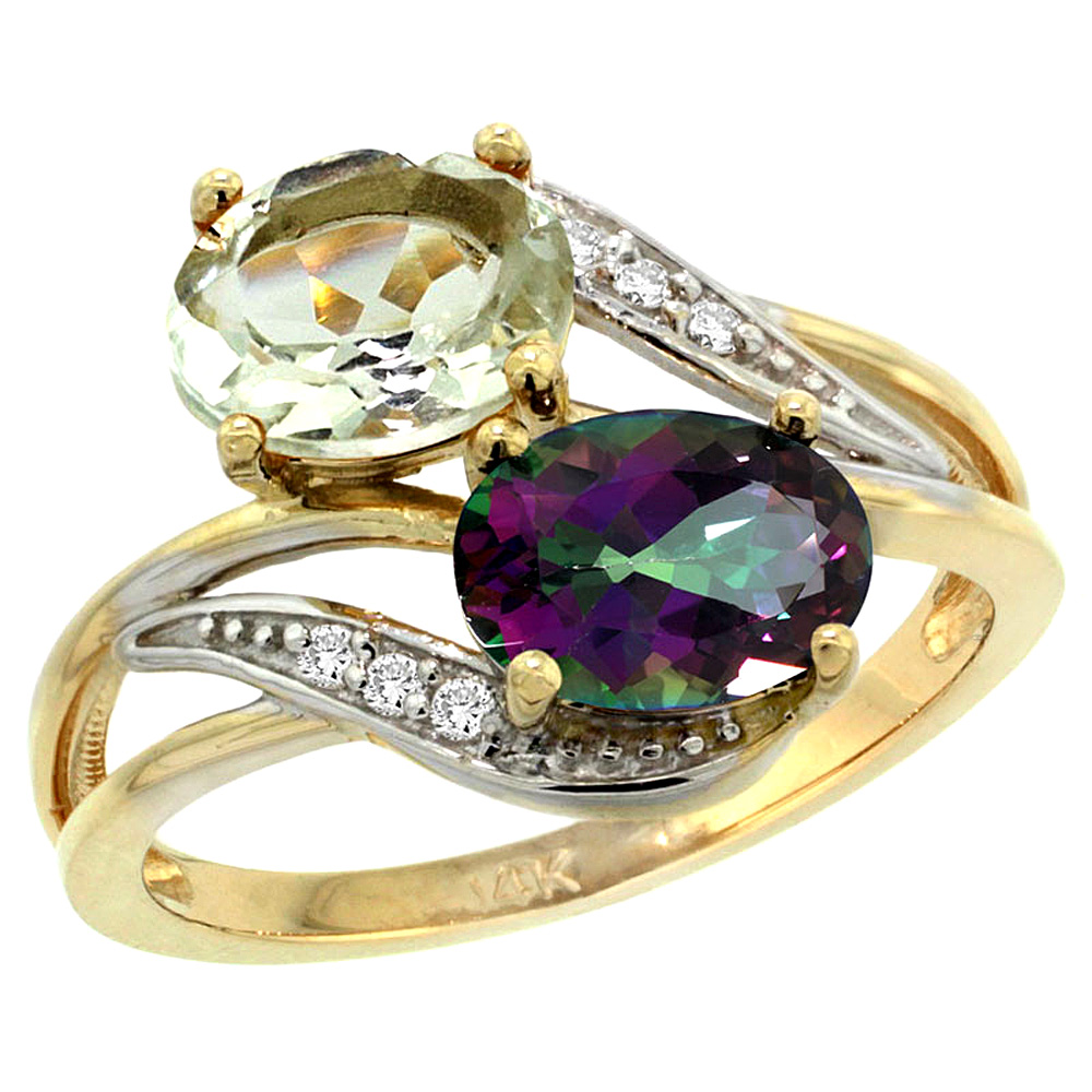 10K Yellow Gold Diamond Natural Green Amethyst & Mystic Topaz 2-stone Ring Oval 8x6mm, sizes 5 - 10