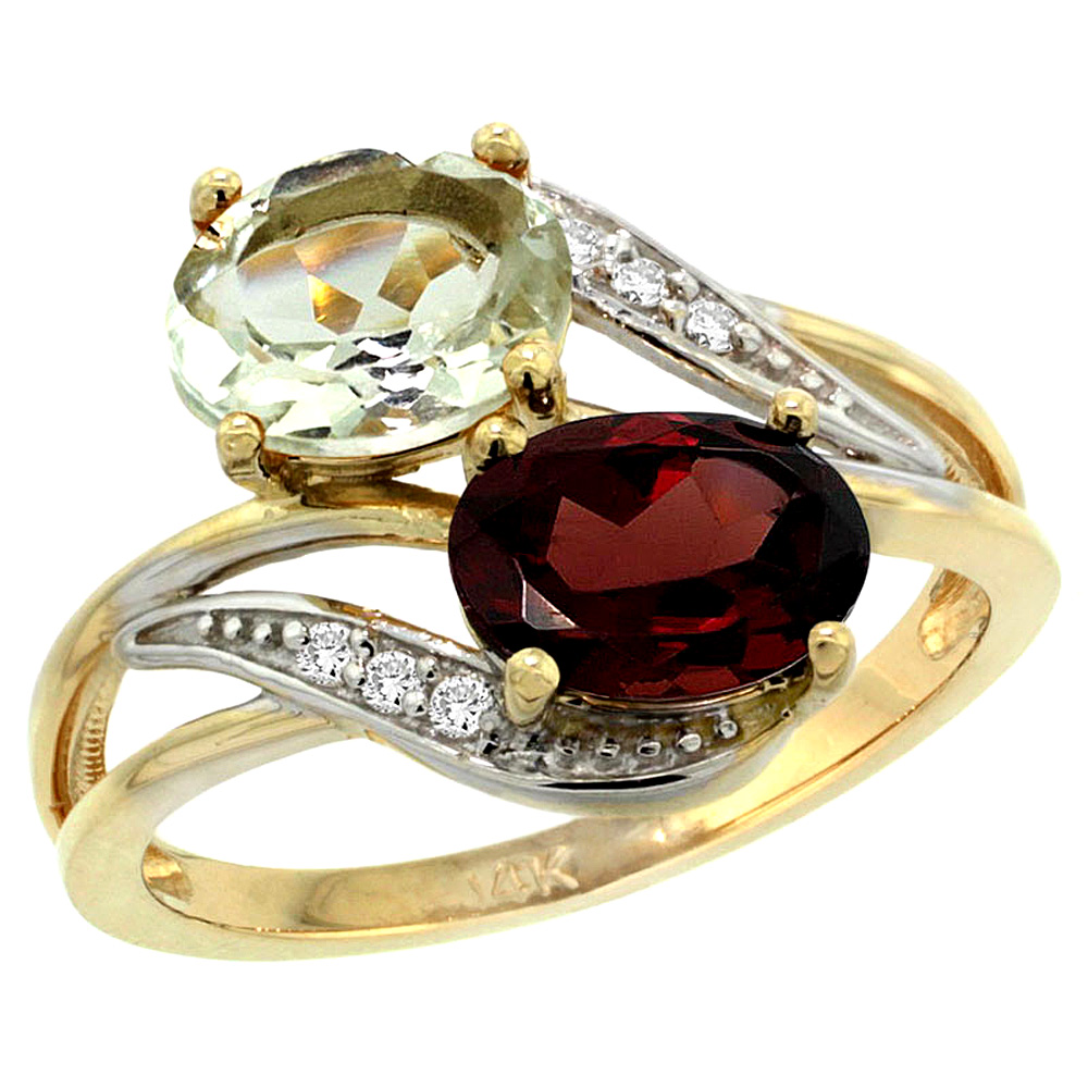 10K Yellow Gold Diamond Natural Green Amethyst & Garnet 2-stone Ring Oval 8x6mm, sizes 5 - 10