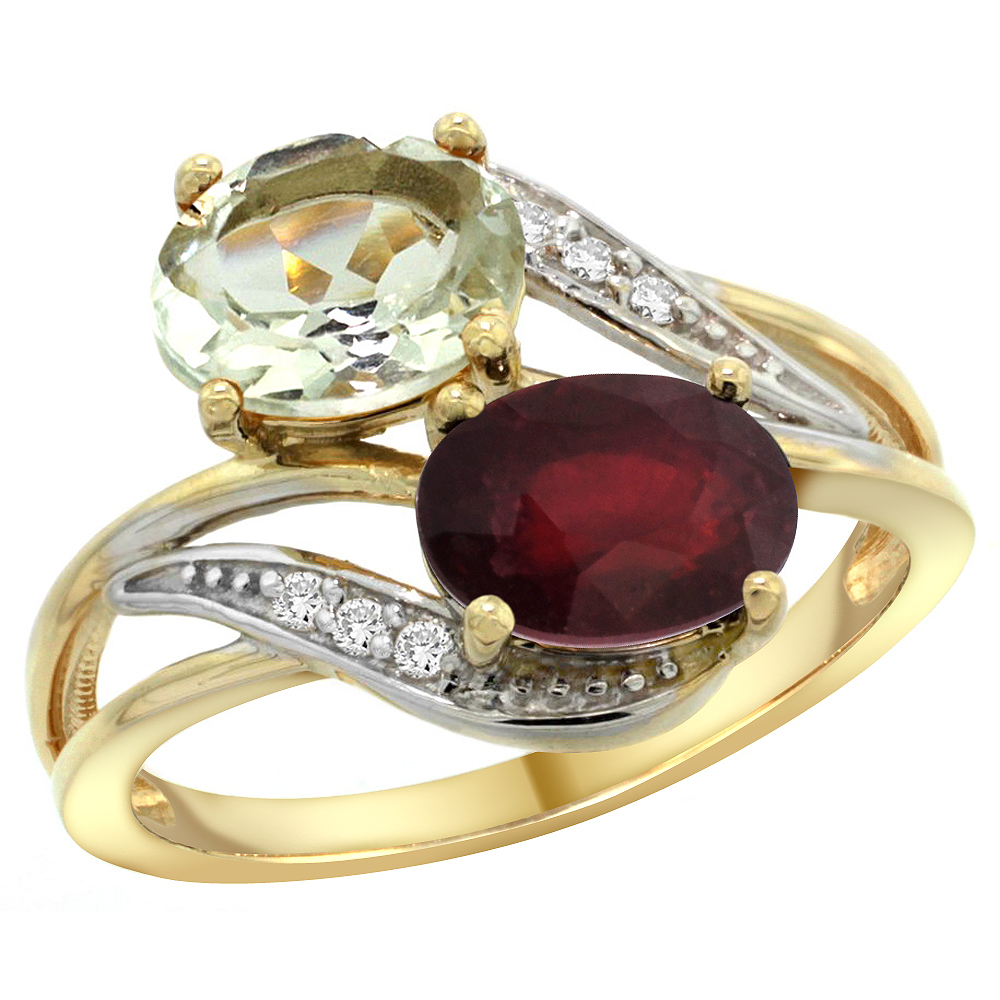 10K Yellow Gold Diamond Natural Green Amethyst & Quality Ruby 2-stone Mothers Ring Oval 8x6mm, size5 - 10