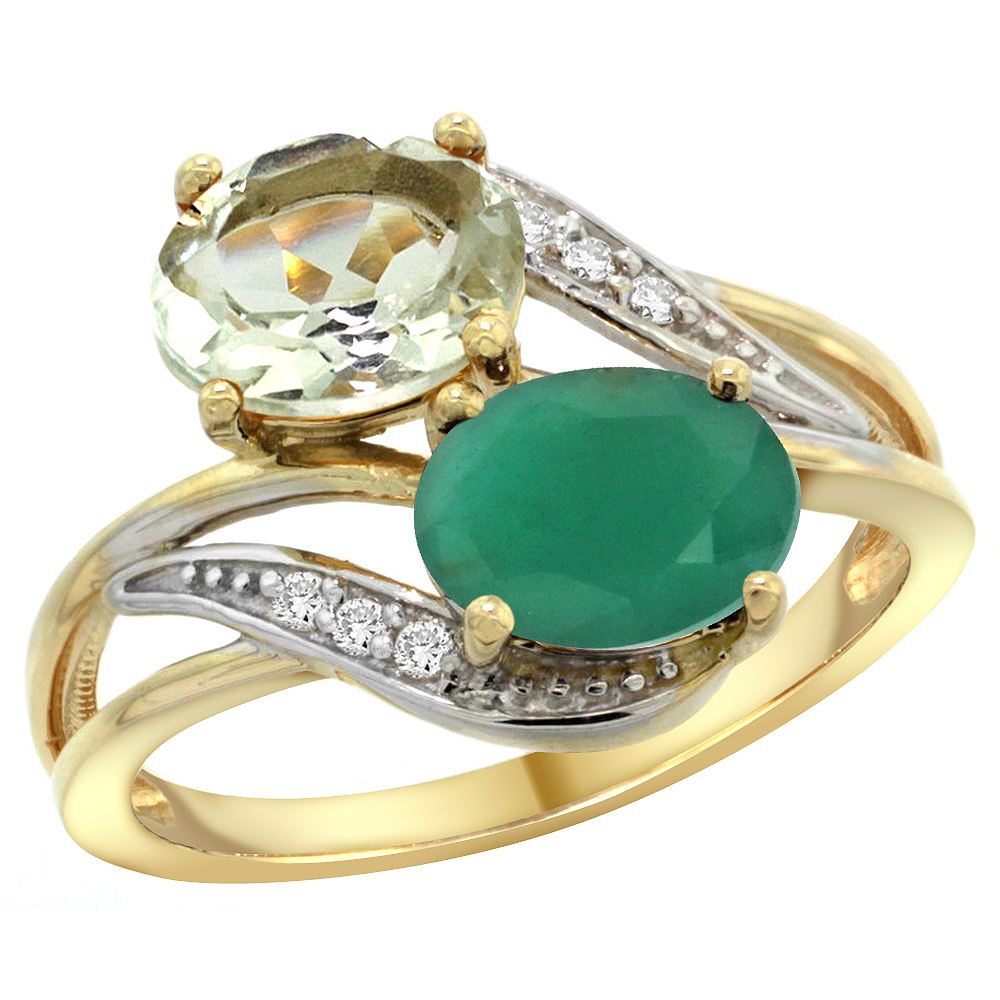 10K Yellow Gold Diamond Natural Green Amethyst & Quality Emerald 2-stone Mothers Ring Oval 8x6mm,sz5 - 10