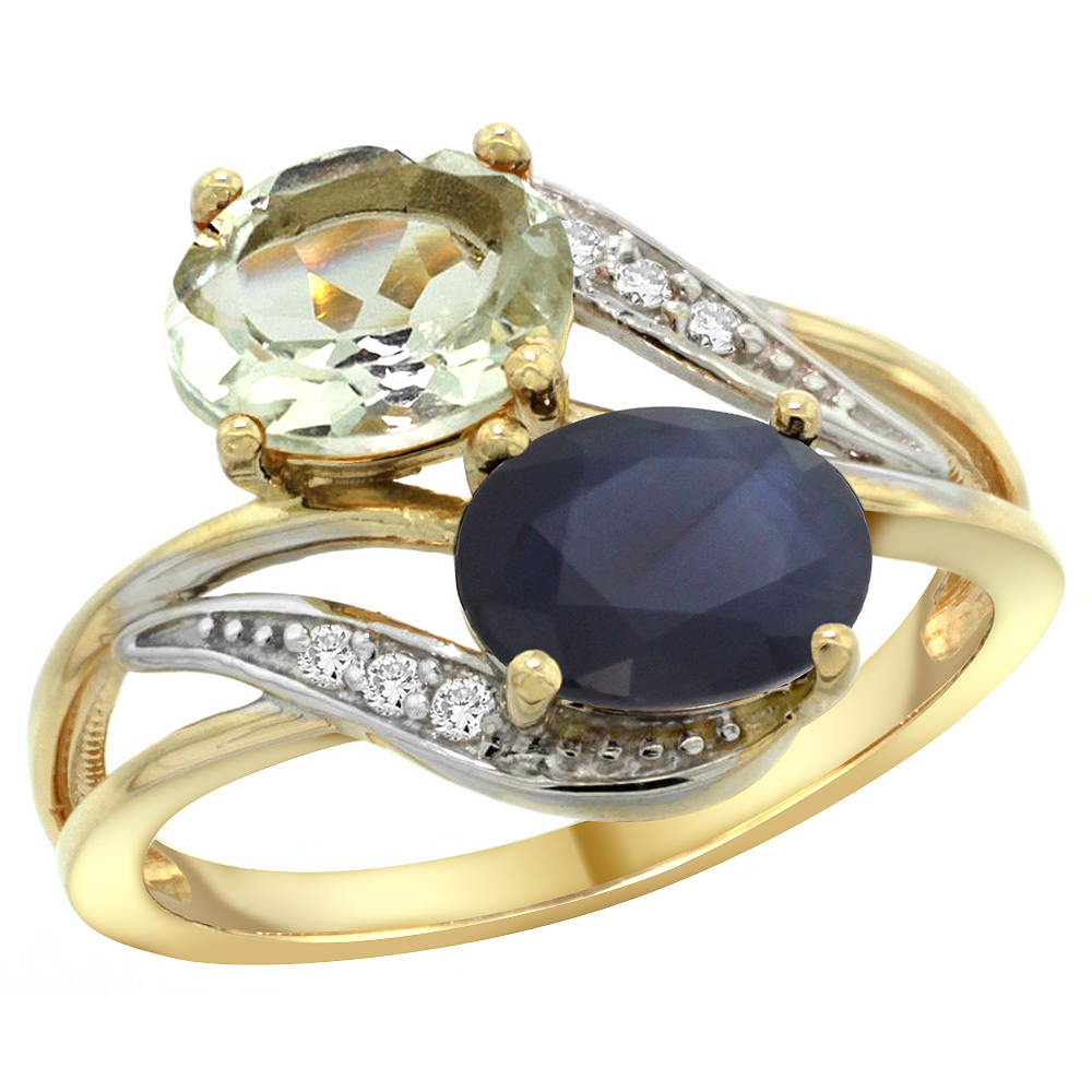 10K Yellow Gold Diamond Natural Green Amethyst & Quality Blue Sapphire 2-stone Ring Oval 8x6mm,size5-10