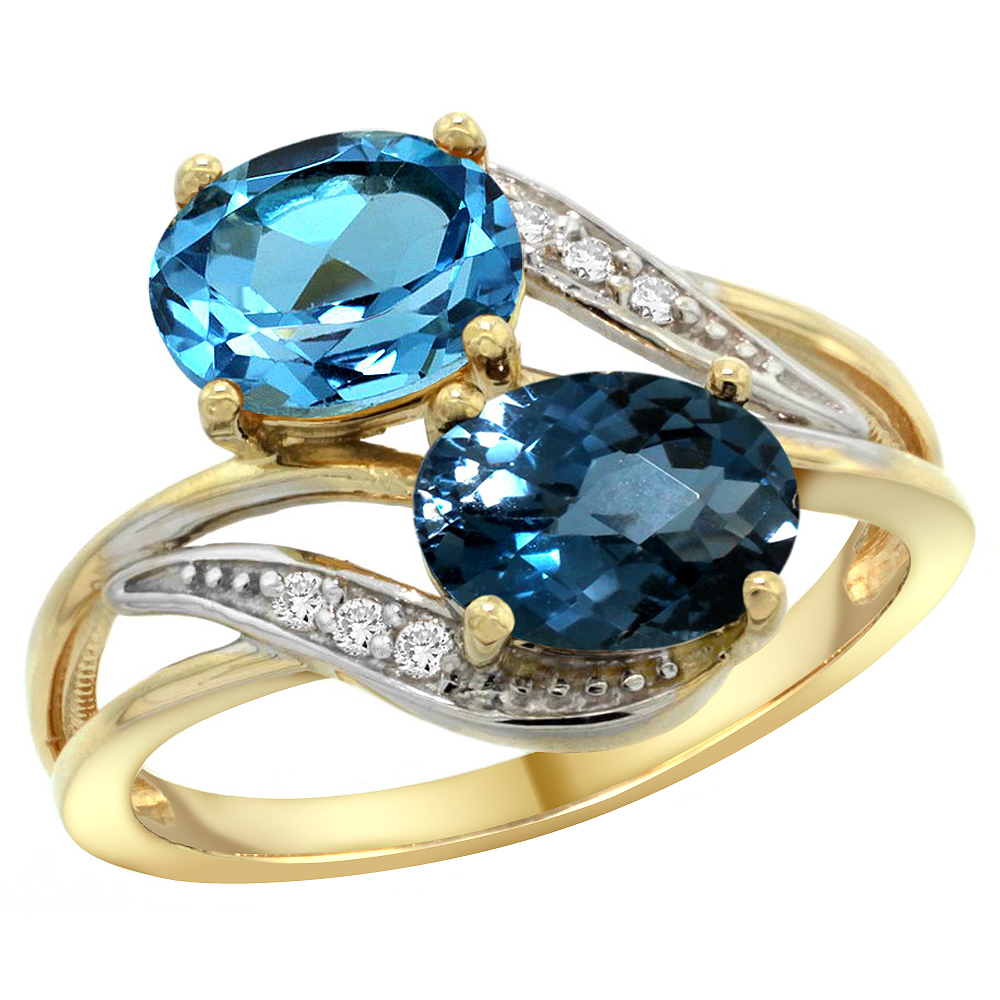 10K Yellow Gold Diamond Natural Swiss & London Blue Topaz 2-stone Ring Oval 8x6mm, sizes 5 - 10