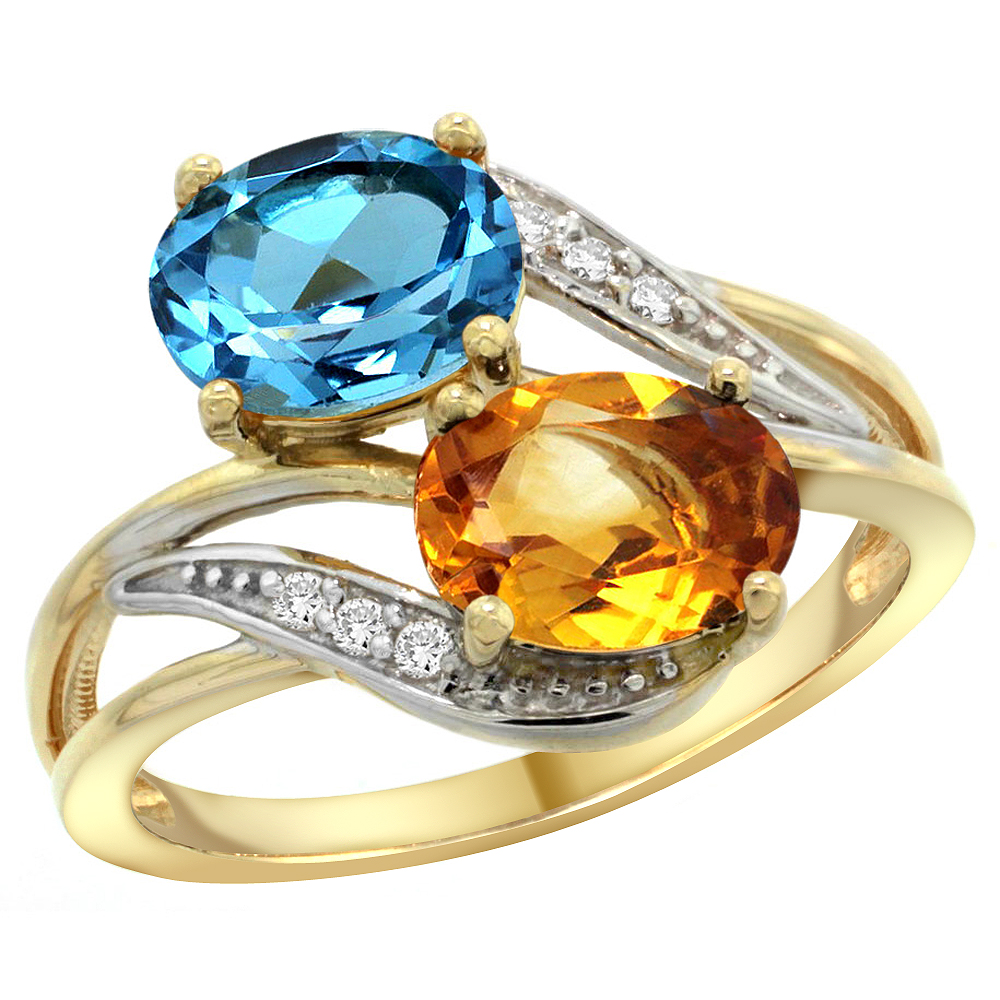 10K Yellow Gold Diamond Natural Swiss Blue Topaz & Citrine 2-stone Ring Oval 8x6mm, sizes 5 - 10
