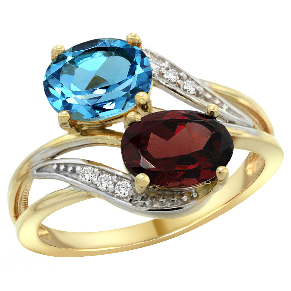 10K Yellow Gold Diamond Natural Swiss Blue Topaz & Garnet 2-stone Ring Oval 8x6mm, sizes 5 - 10