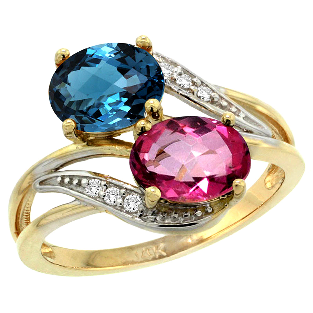10K Yellow Gold Diamond Natural London Blue & Pink Topaz 2-stone Ring Oval 8x6mm, sizes 5 - 10