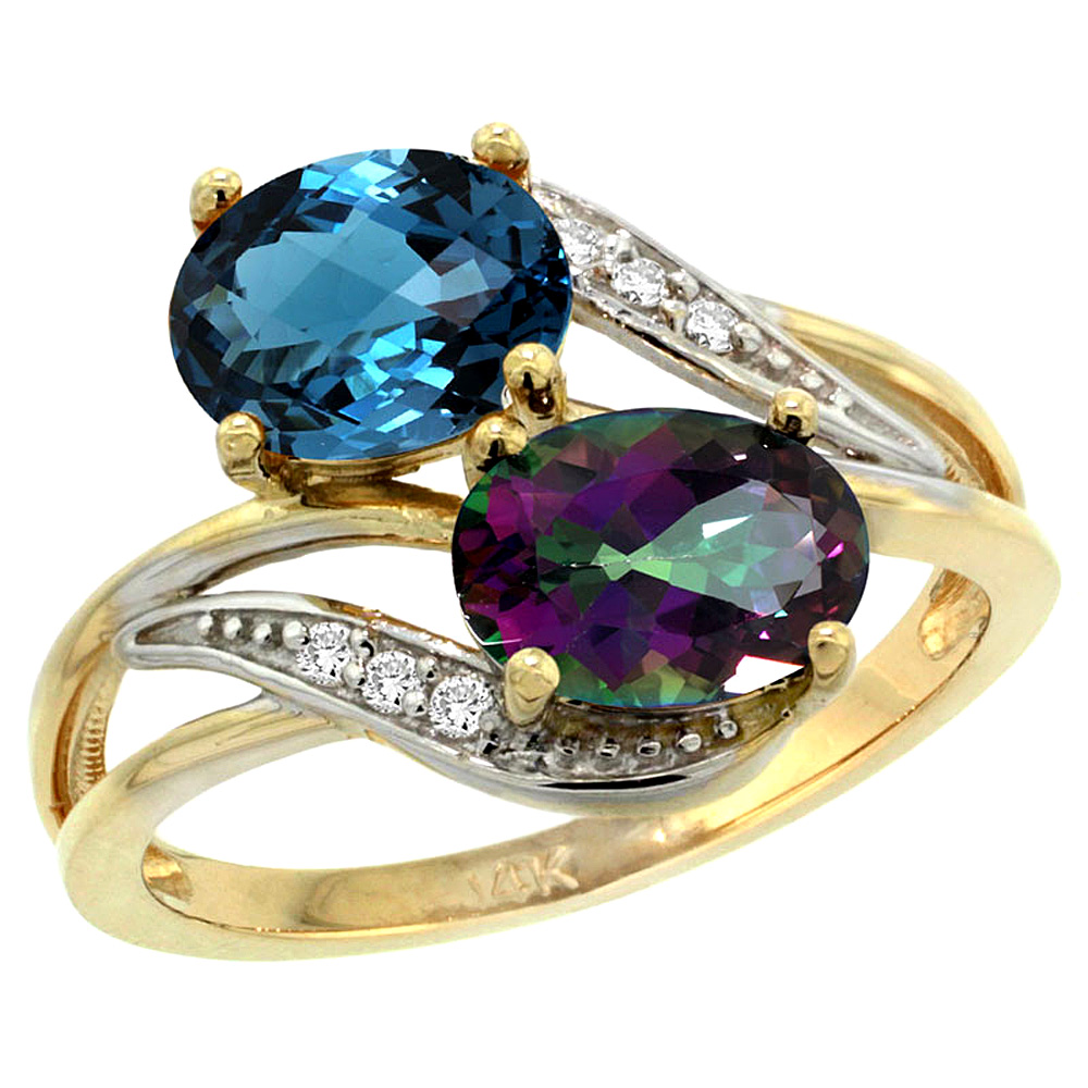 10K Yellow Gold Diamond Natural London Blue & Mystic Topaz 2-stone Ring Oval 8x6mm, sizes 5 - 10