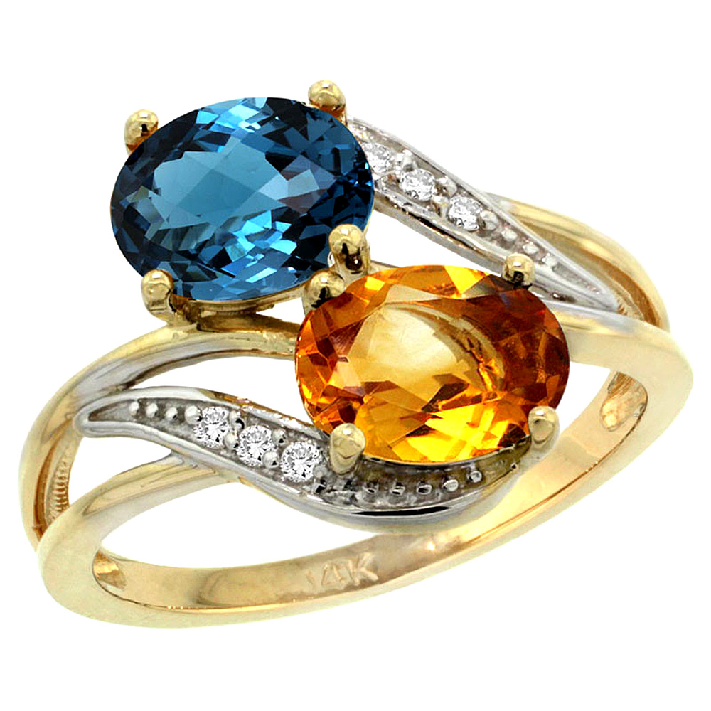 10K Yellow Gold Diamond Natural London Blue Topaz & Citrine 2-stone Ring Oval 8x6mm, sizes 5 - 10
