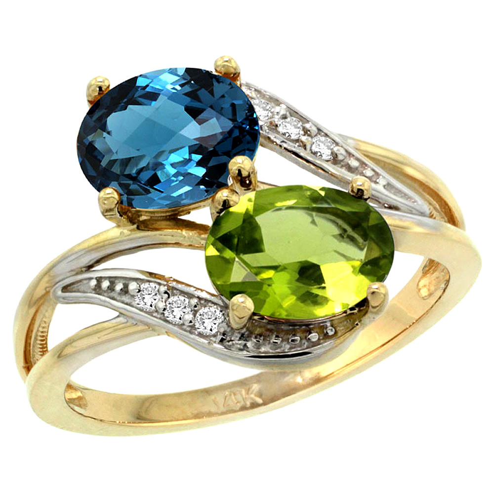 10K Yellow Gold Diamond Natural London Blue Topaz & Peridot 2-stone Ring Oval 8x6mm, sizes 5 - 10