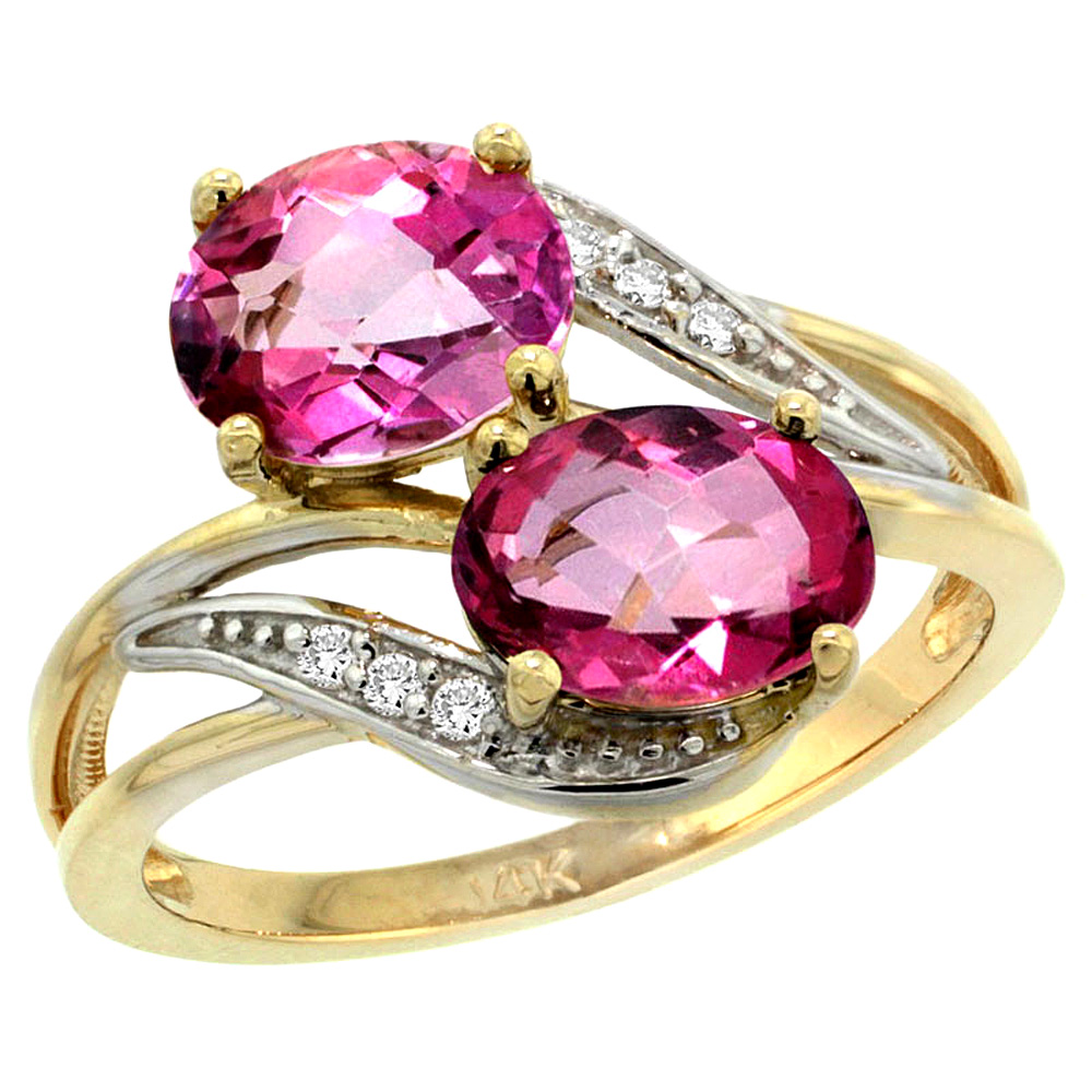 10K Yellow Gold Diamond Natural Pink Topaz 2-stone Ring Oval 8x6mm, sizes 5 - 10