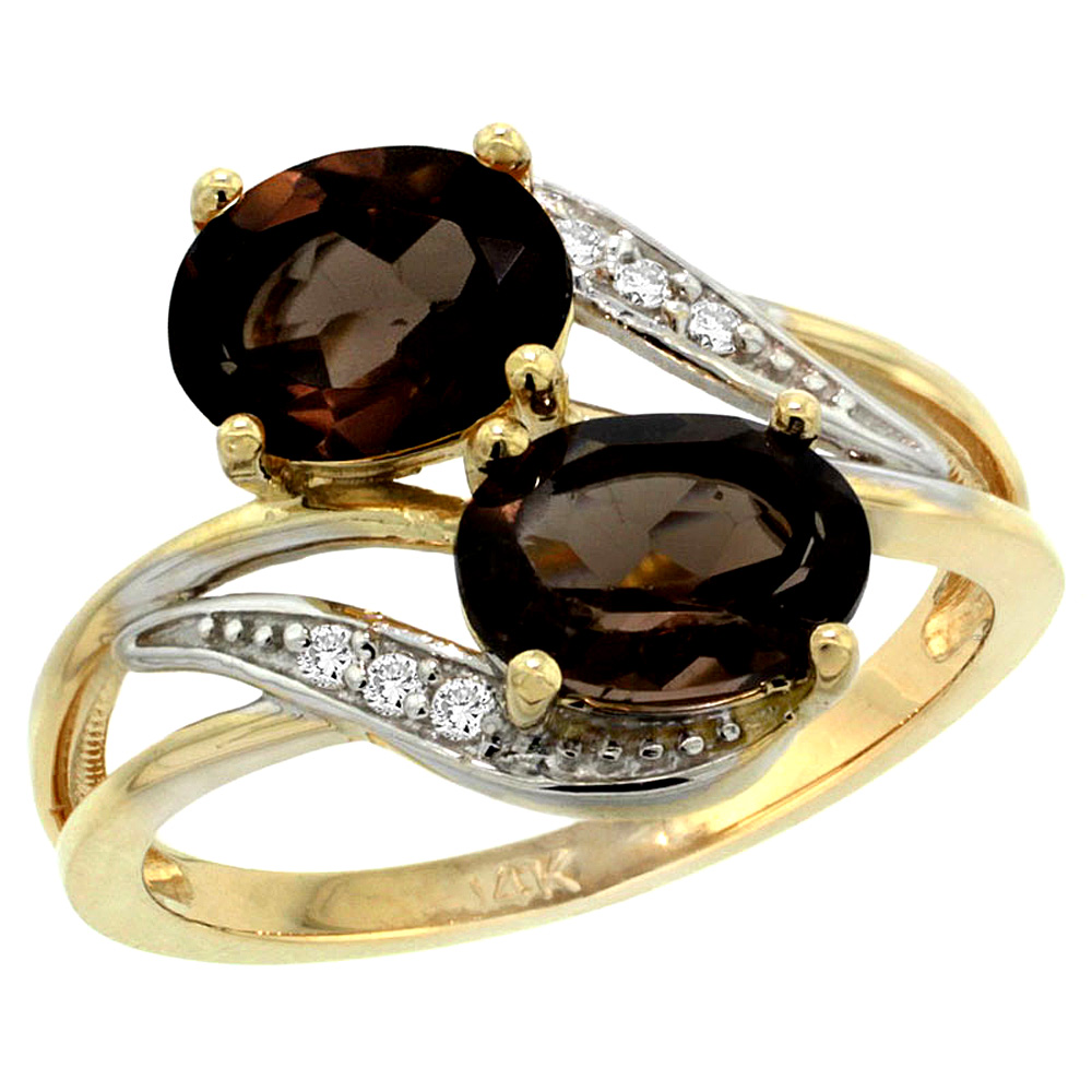 10K Yellow Gold Diamond Natural Smoky Topaz 2-stone Ring Oval 8x6mm, sizes 5 - 10