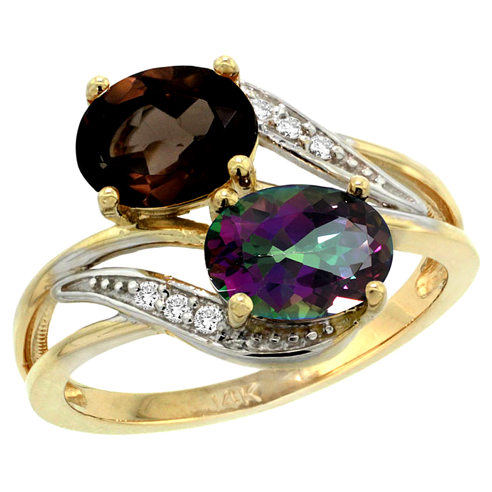 10K Yellow Gold Diamond Natural Smoky & Mystic Topaz 2-stone Ring Oval 8x6mm, sizes 5 - 10