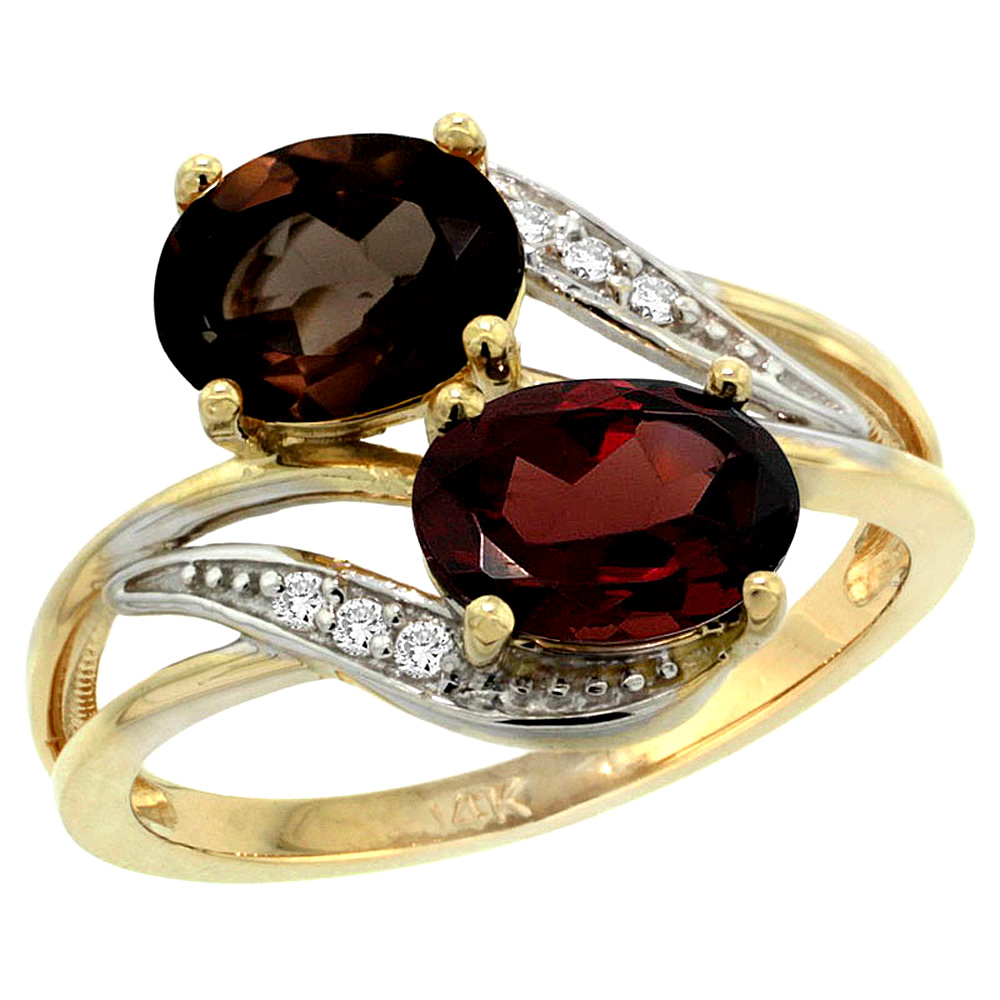 10K Yellow Gold Diamond Natural Smoky Topaz & Garnet 2-stone Ring Oval 8x6mm, sizes 5 - 10