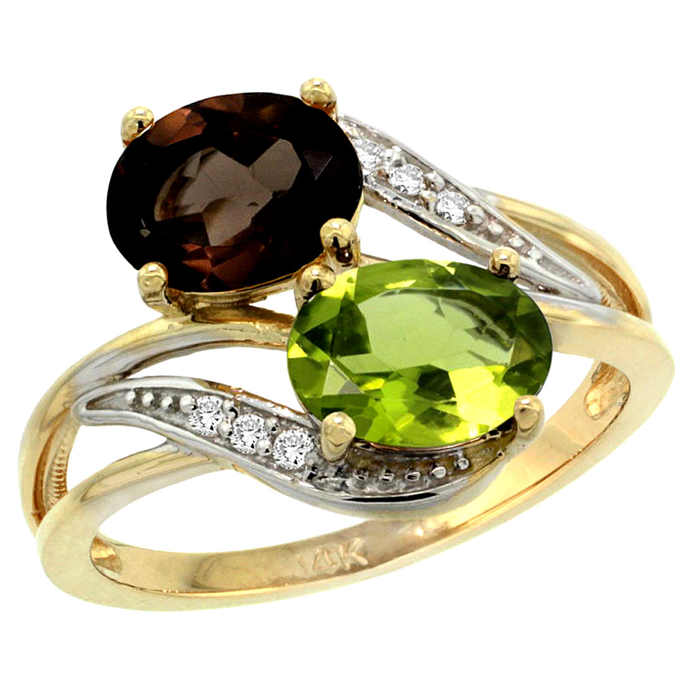 10K Yellow Gold Diamond Natural Smoky Topaz & Peridot 2-stone Ring Oval 8x6mm, sizes 5 - 10
