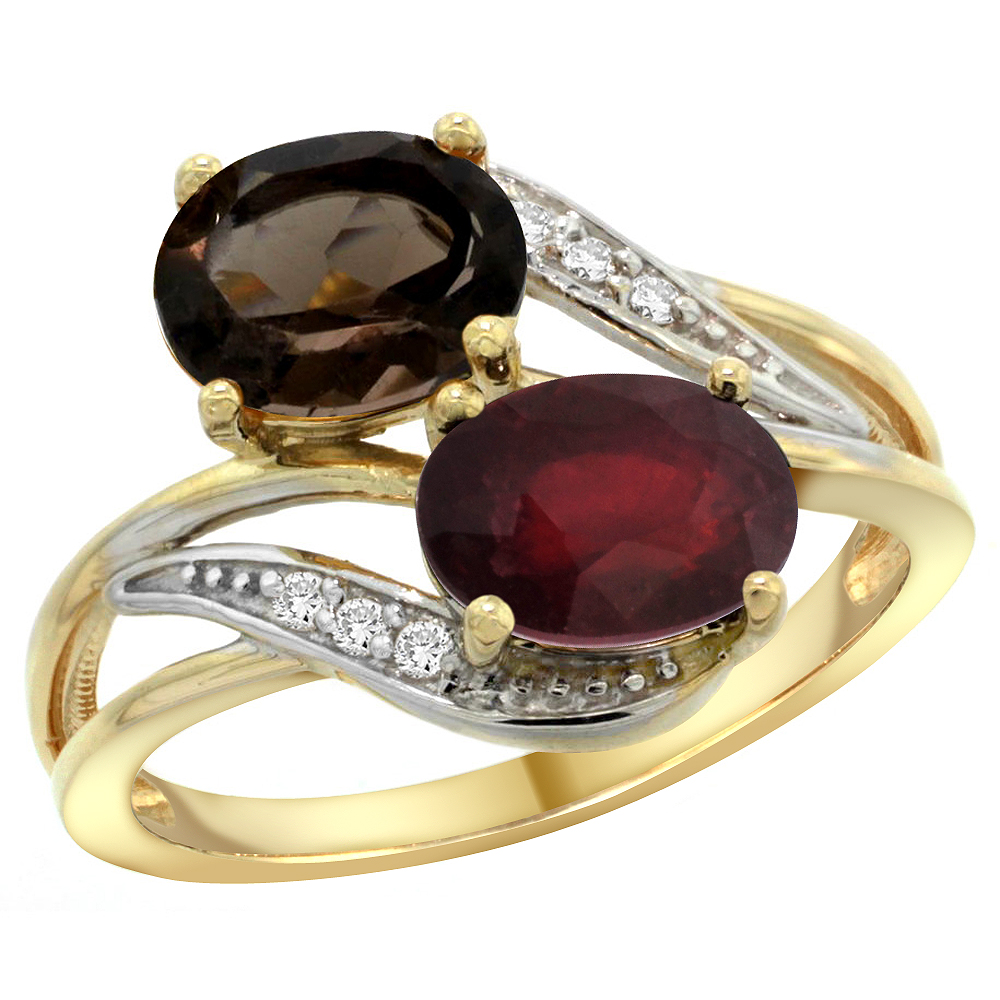 10K Yellow Gold Diamond Natural Smoky Topaz & Quality Ruby 2-stone Mothers Ring Oval 8x6mm, size 5 - 10