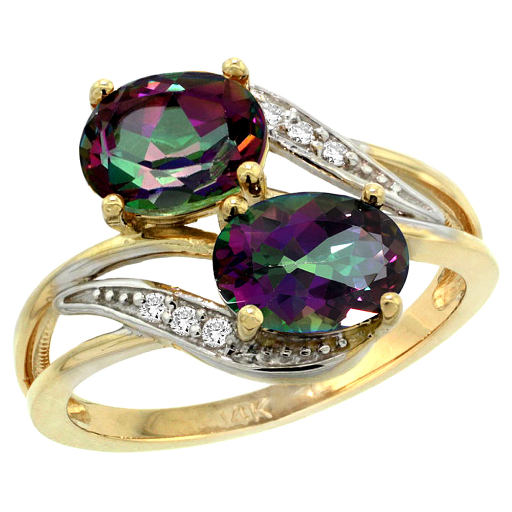 10K Yellow Gold Diamond Natural Mystic Topaz 2-stone Ring Oval 8x6mm, sizes 5 - 10