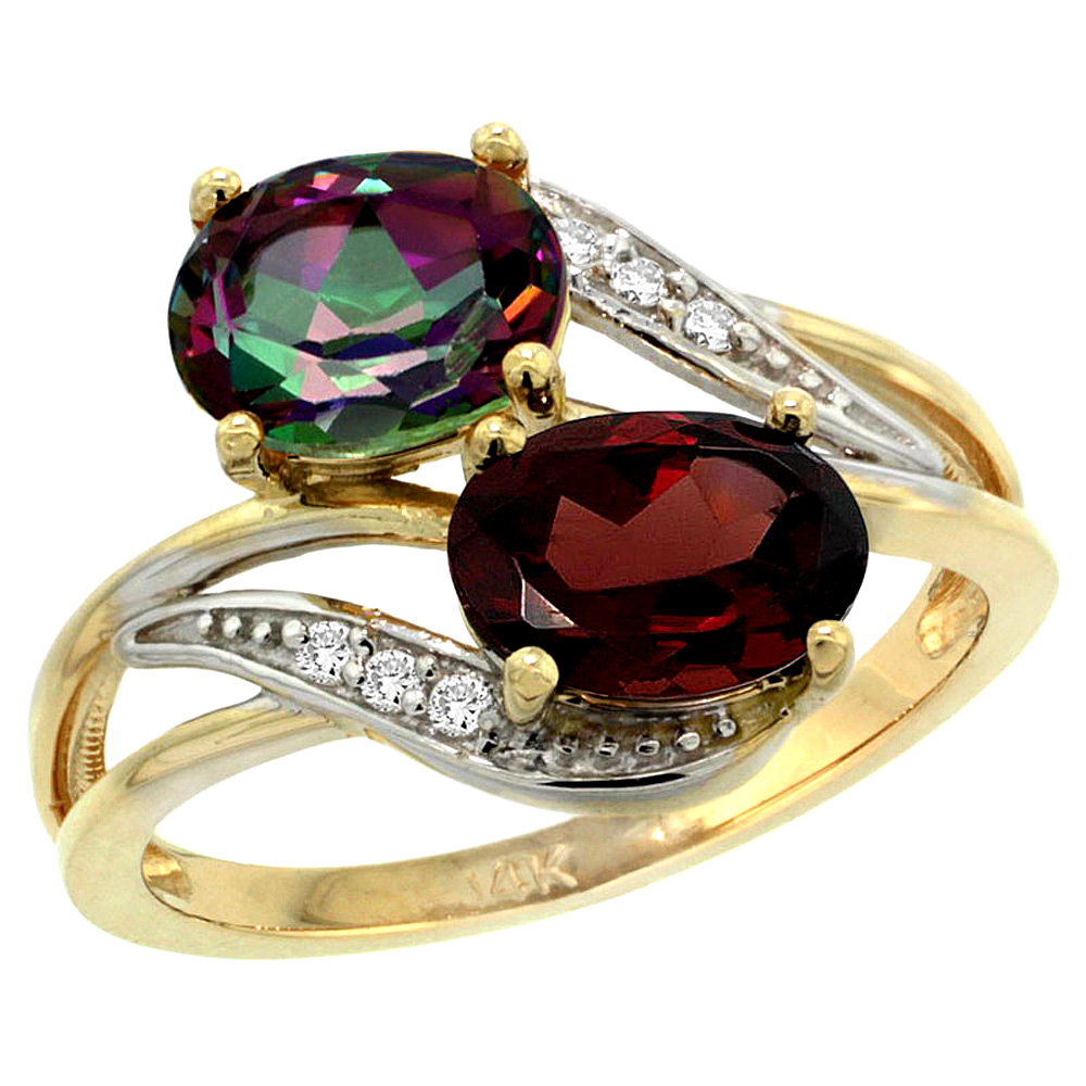 10K Yellow Gold Diamond Natural Mystic Topaz & Garnet 2-stone Ring Oval 8x6mm, sizes 5 - 10