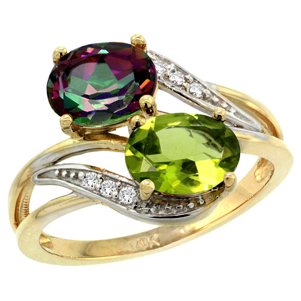 10K Yellow Gold Diamond Natural Mystic Topaz & Peridot 2-stone Ring Oval 8x6mm, sizes 5 - 10