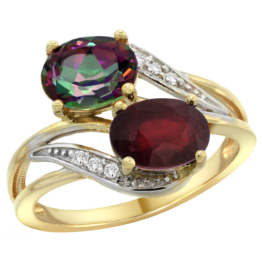 10K Yellow Gold Diamond Natural Mystic Topaz & Quality Ruby 2-stone Mothers Ring Oval 8x6mm, size 5 - 10