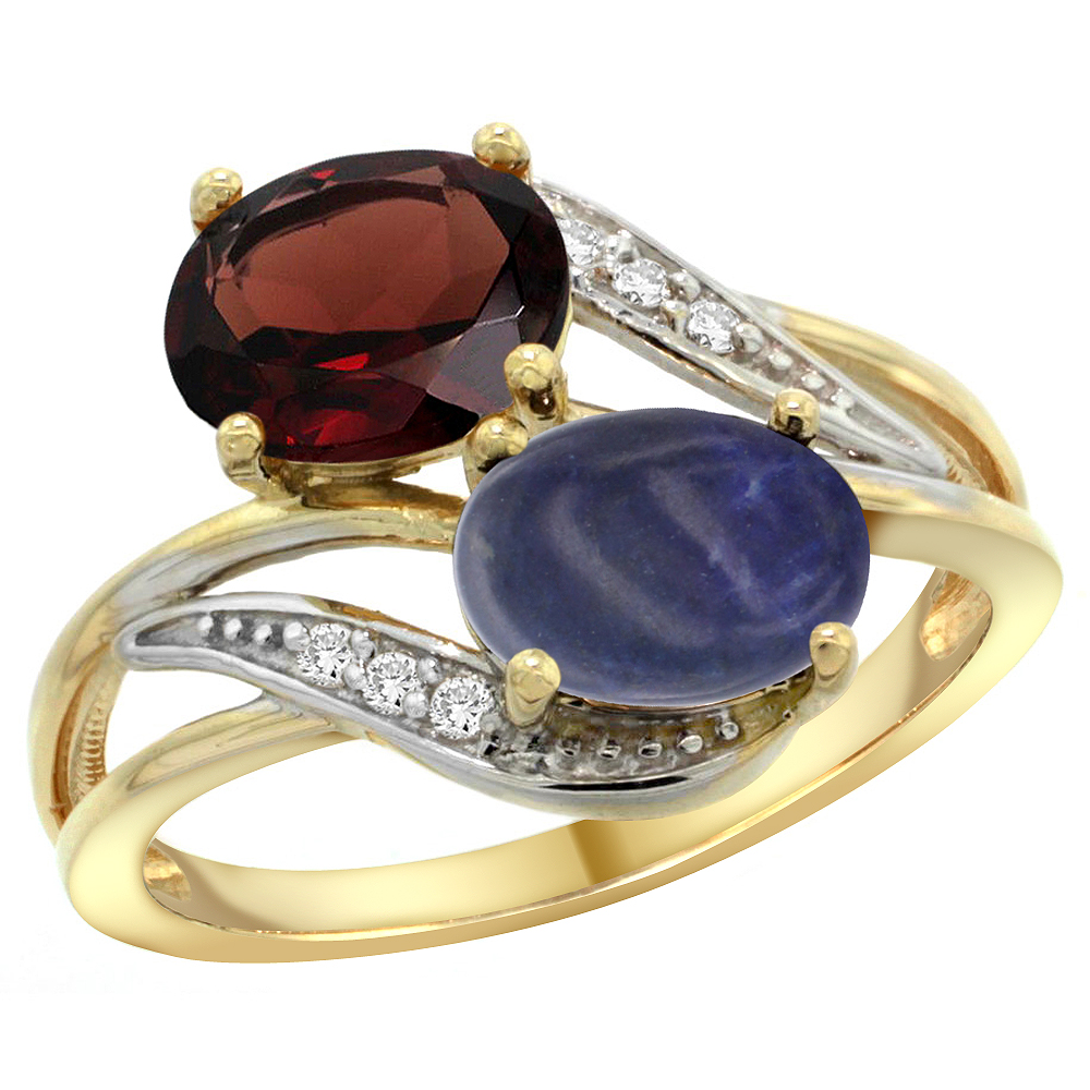 14K Yellow Gold Diamond Natural Garnet & Lapis 2-stone Ring Oval 8x6mm, sizes 5 - 10