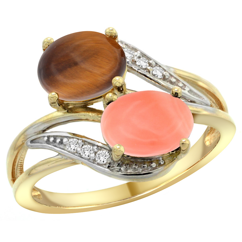 14K Yellow Gold Diamond Natural Tiger Eye & Coral 2-stone Ring Oval 8x6mm, sizes 5 - 10