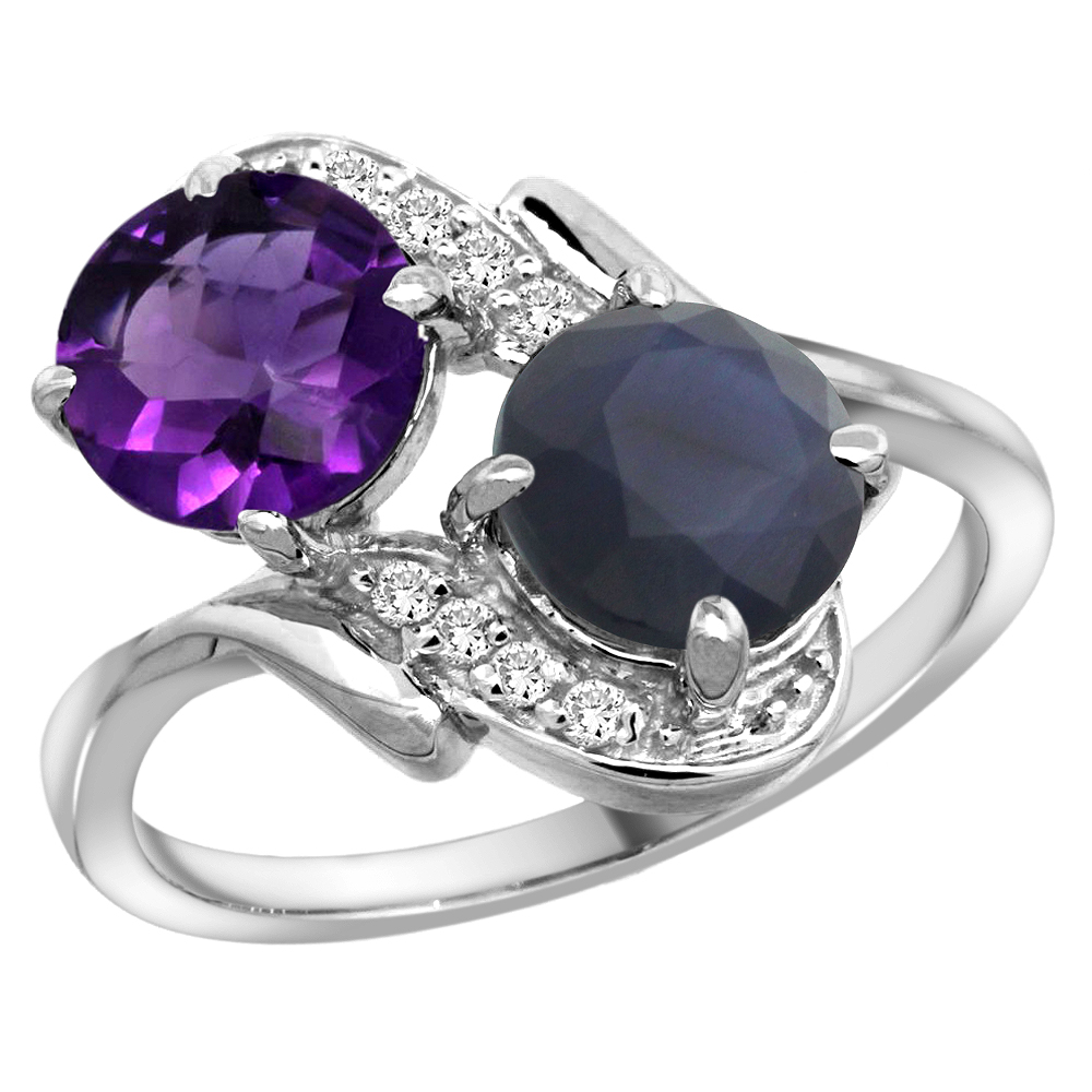 10K White Gold Diamond Natural Amethyst & Quality Blue Sapphire 2-stone Mothers Ring Round 7mm, sz 5 - 10