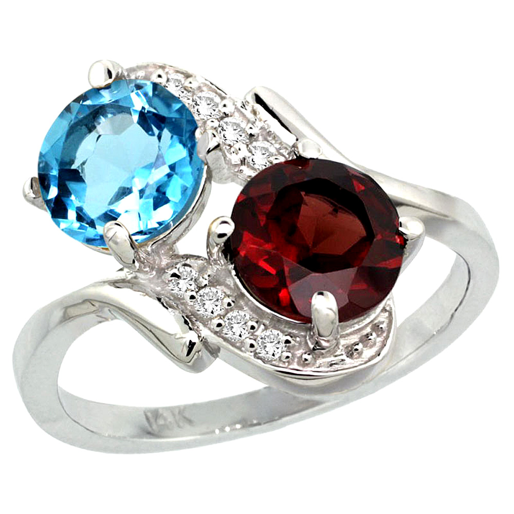 10K White Gold Diamond Natural Swiss Blue Topaz & Garnet Mother's Ring Round 7mm, 3/4 inch wide, sizes 5 - 10