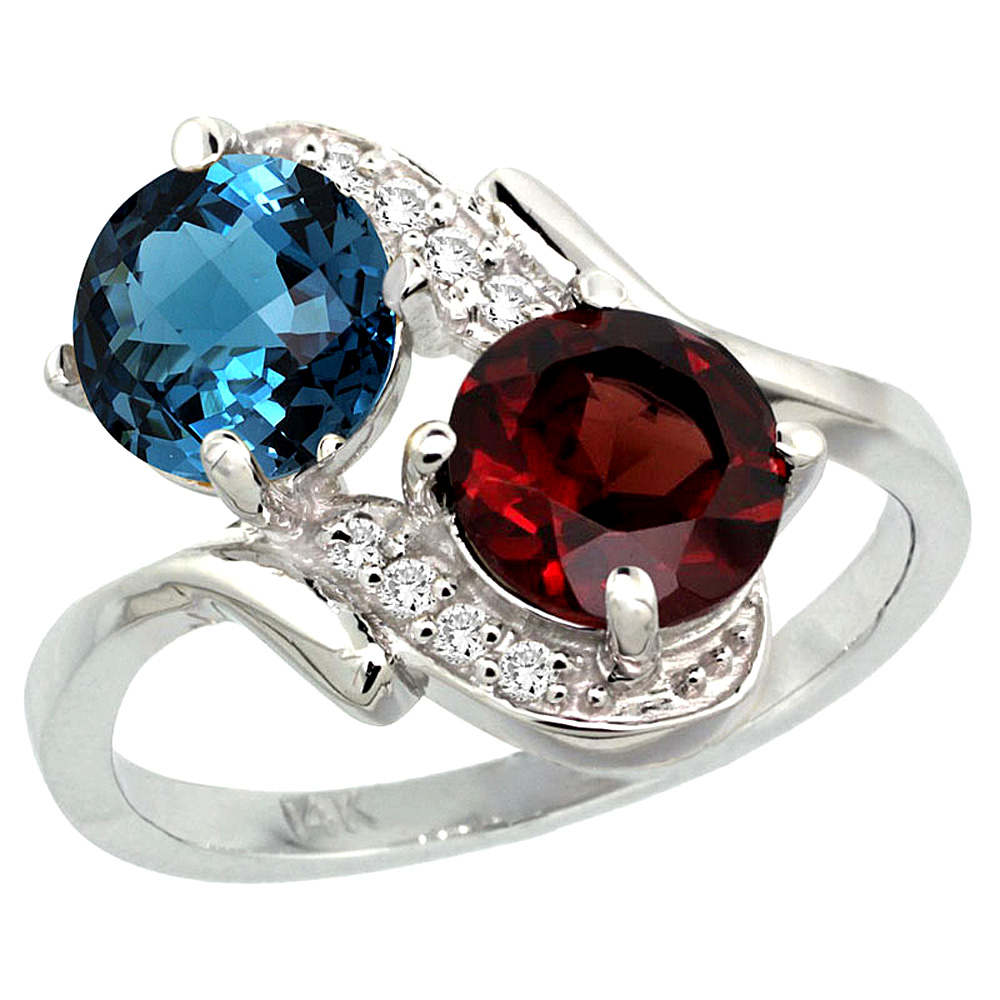10K White Gold Diamond Natural London Blue Topaz & Garnet Mother's Ring Round 7mm, 3/4 inch wide, sizes 5 - 10