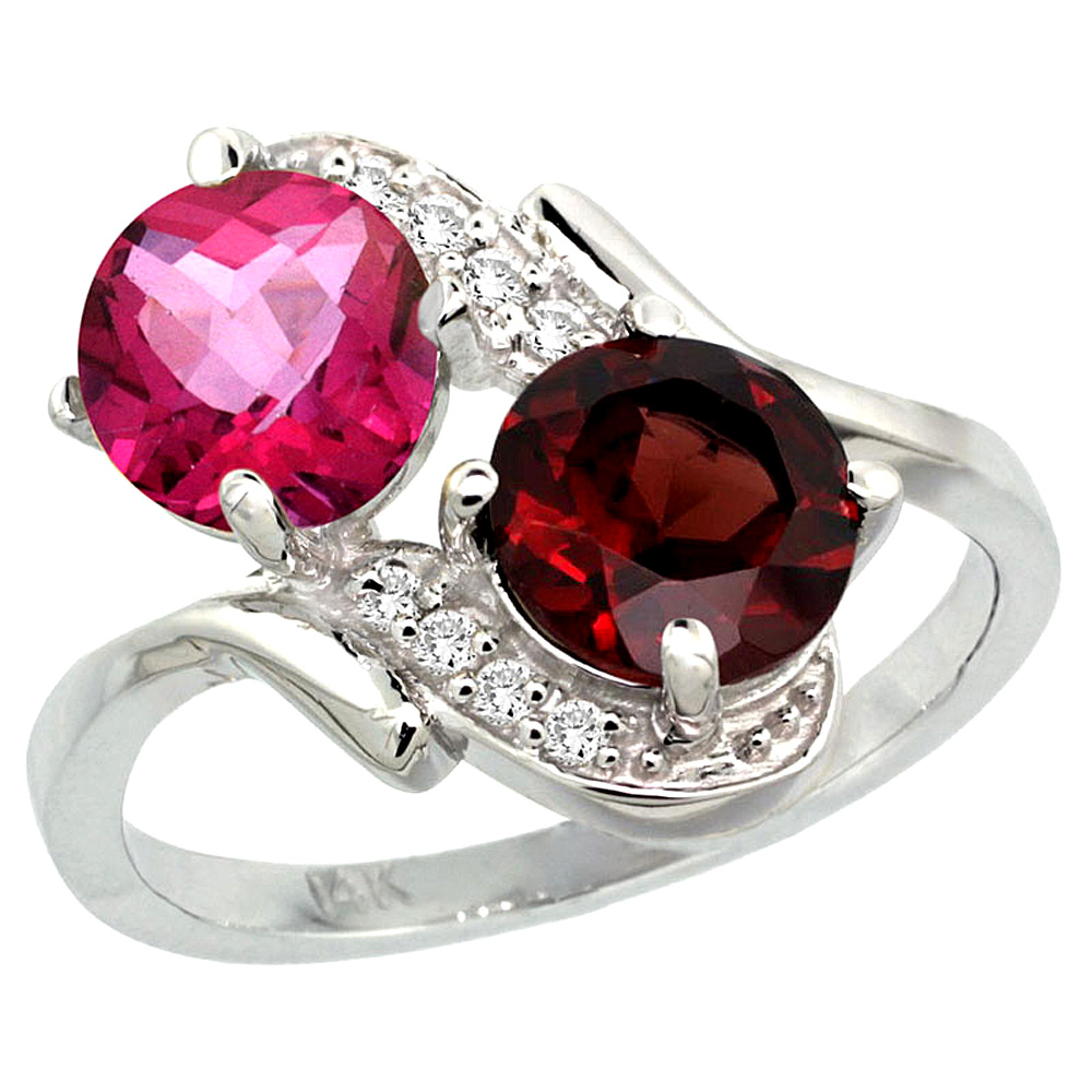 10K White Gold Diamond Natural Pink Topaz & Garnet Mother's Ring Round 7mm, 3/4 inch wide, sizes 5 - 10