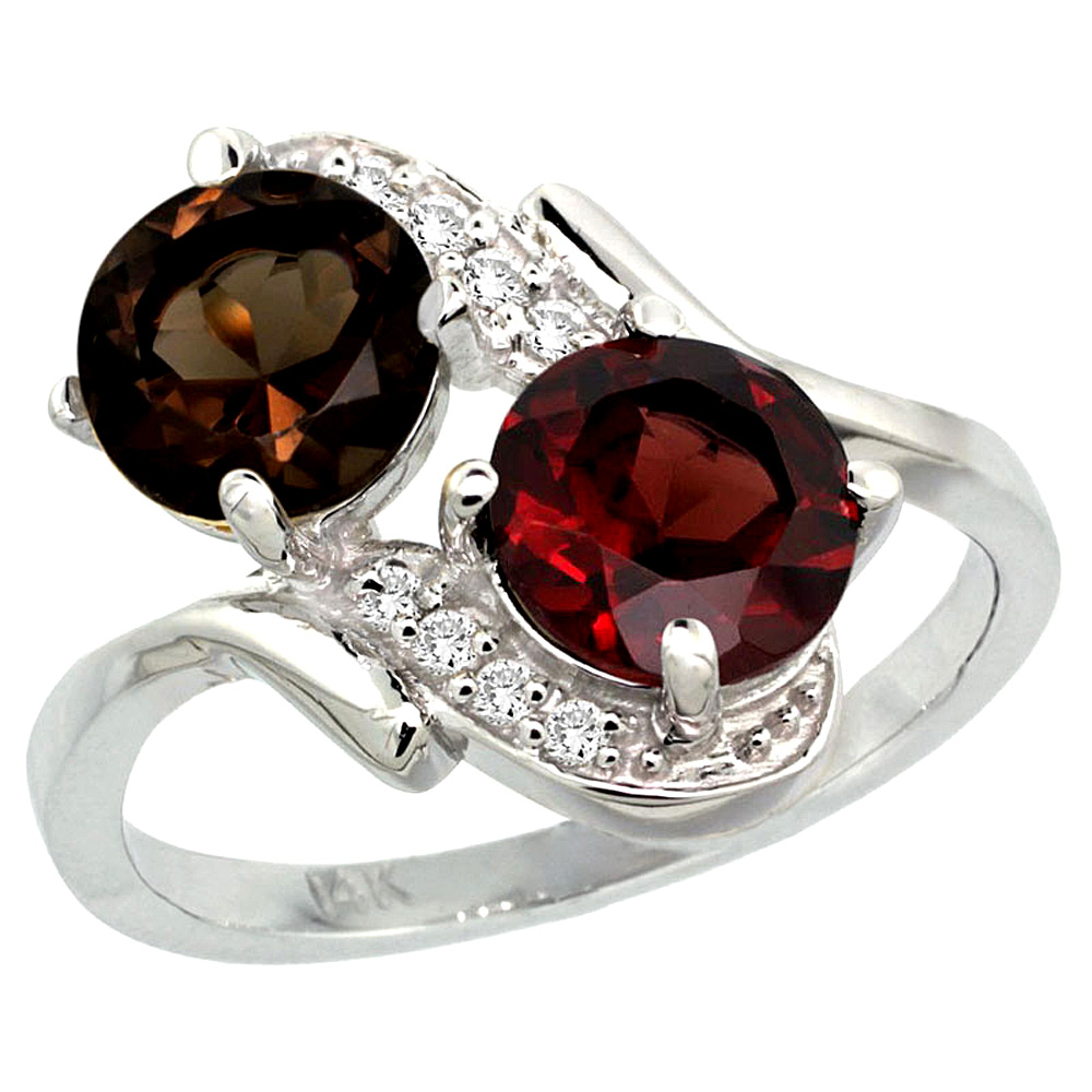 10K White Gold Diamond Natural Smoky Topaz & Garnet Mother's Ring Round 7mm, 3/4 inch wide, sizes 5 - 10