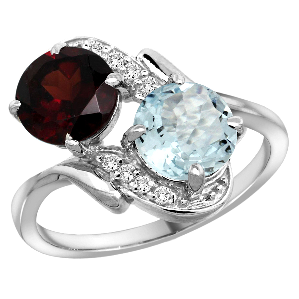 14k White Gold Diamond Natural Garnet & Aquamarine Mother's Ring Round 7mm, 3/4 inch wide, sizes 5 - 10