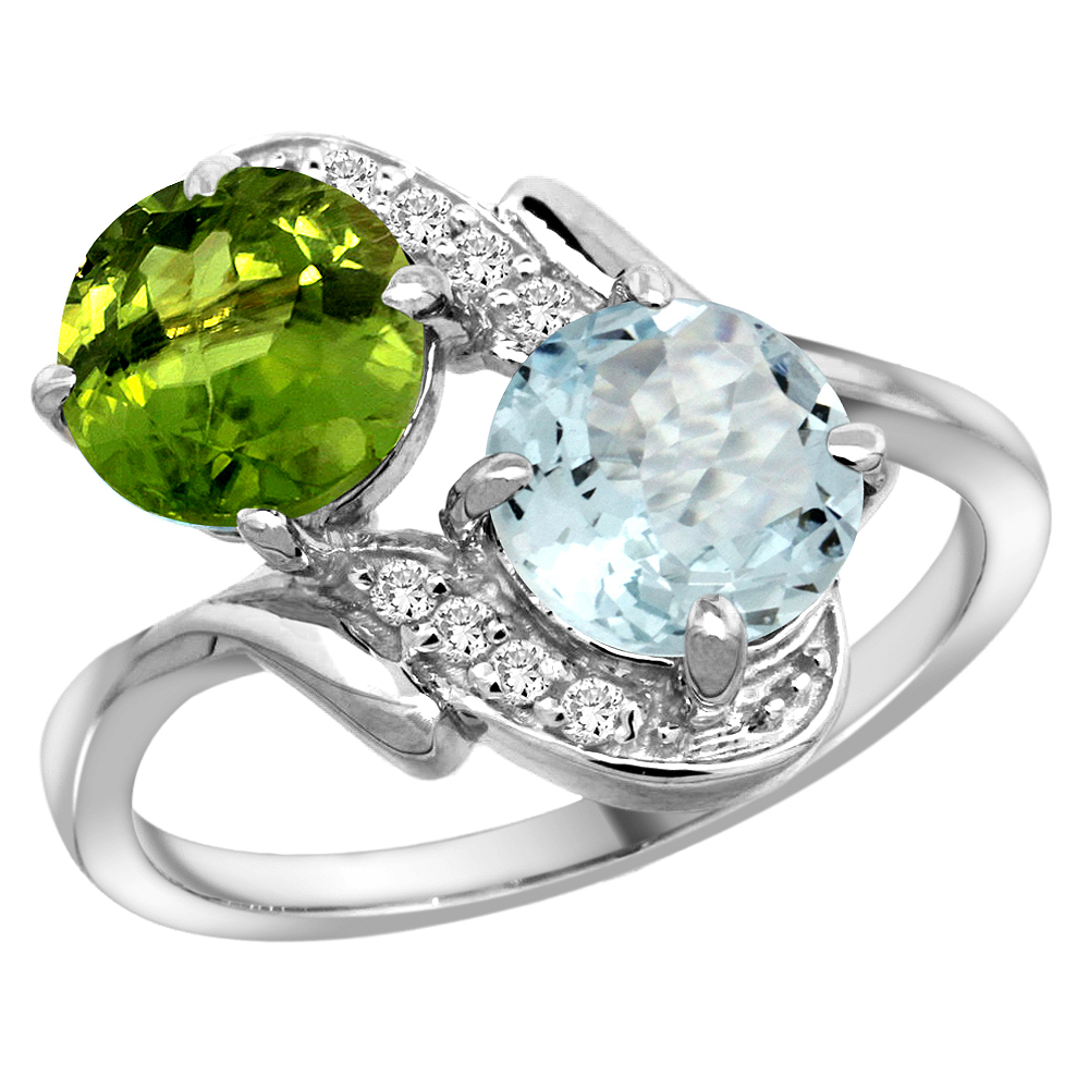 14k White Gold Diamond Natural Peridot & Aquamarine Mother's Ring Round 7mm, 3/4 inch wide, sizes 5 - 10