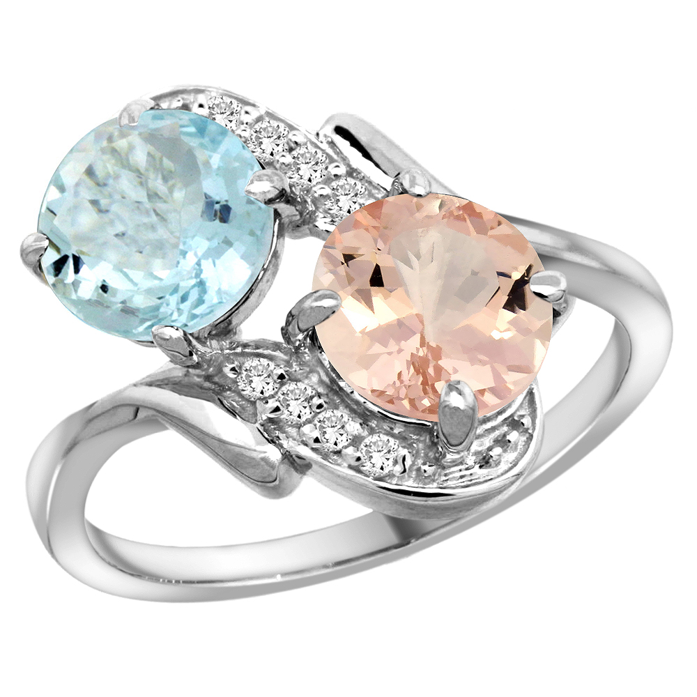 14k White Gold Diamond Natural Aquamarine & Morganite Mother's Ring Round 7mm, 3/4 inch wide, sizes 5 - 10