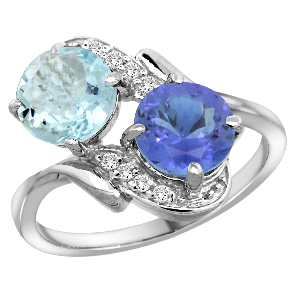 14k White Gold Diamond Natural Aquamarine & Tanzanite Mother's Ring Round 7mm, 3/4 inch wide, sizes 5 - 10