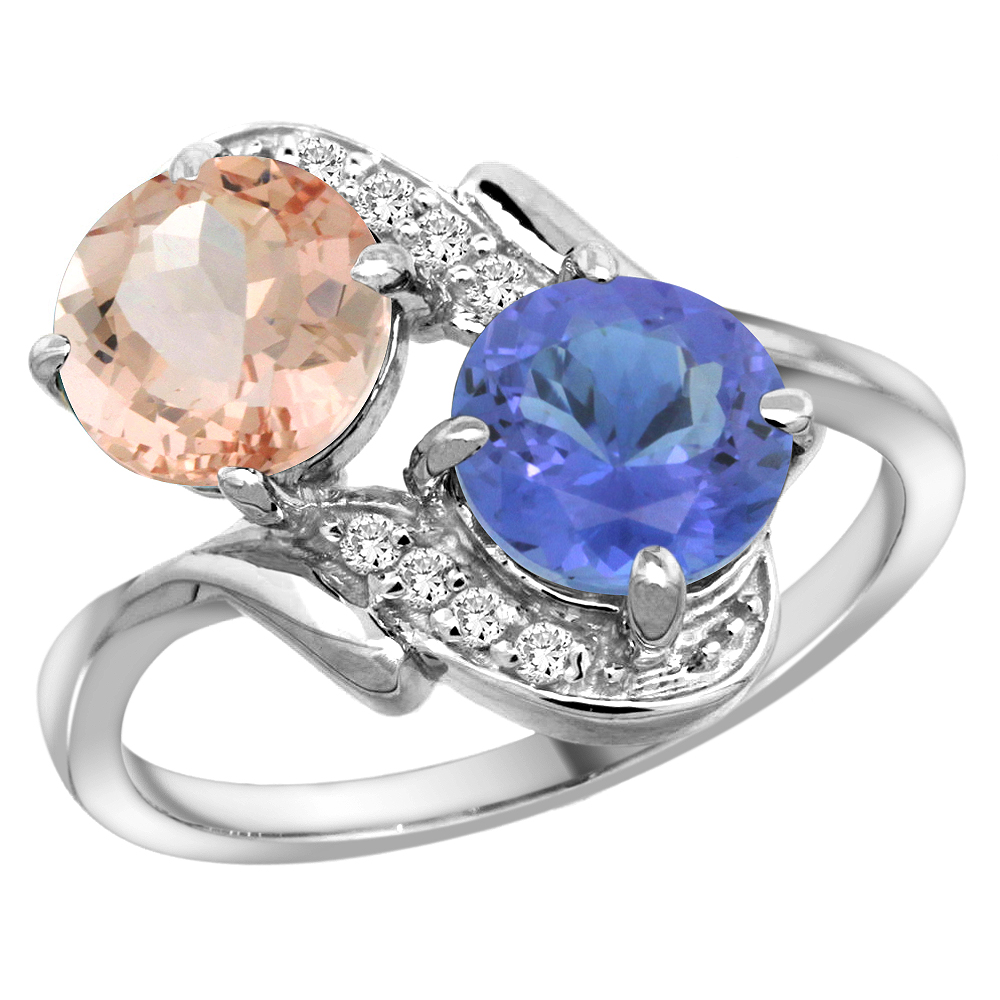 14k White Gold Diamond Natural Morganite & Tanzanite Mother's Ring Round 7mm, 3/4 inch wide, sizes 5 - 10