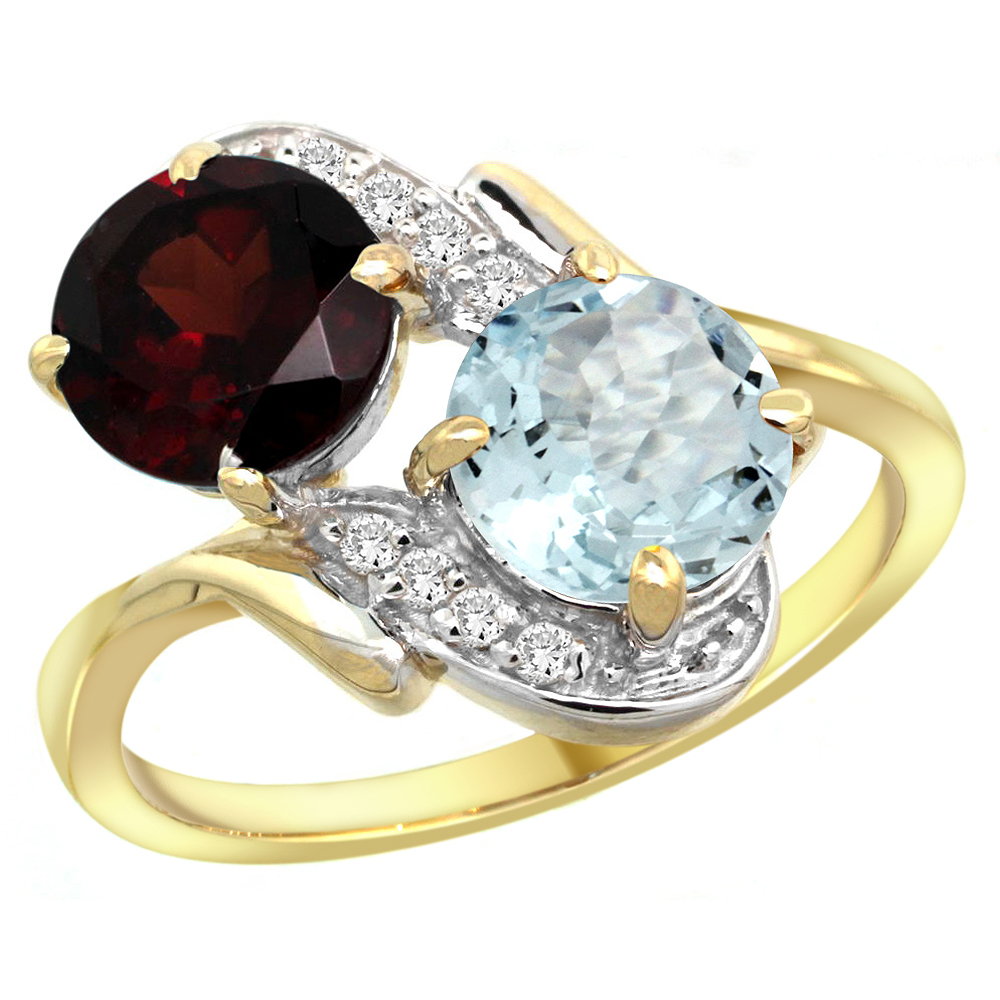 14k Yellow Gold Diamond Natural Garnet & Aquamarine Mother's Ring Round 7mm, 3/4 inch wide, sizes 5 - 10