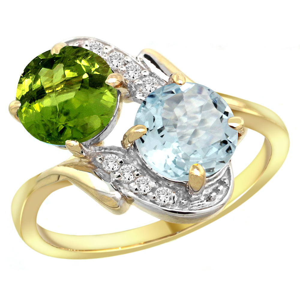 14k Yellow Gold Diamond Natural Peridot & Aquamarine Mother's Ring Round 7mm, 3/4 inch wide, sizes 5 - 10