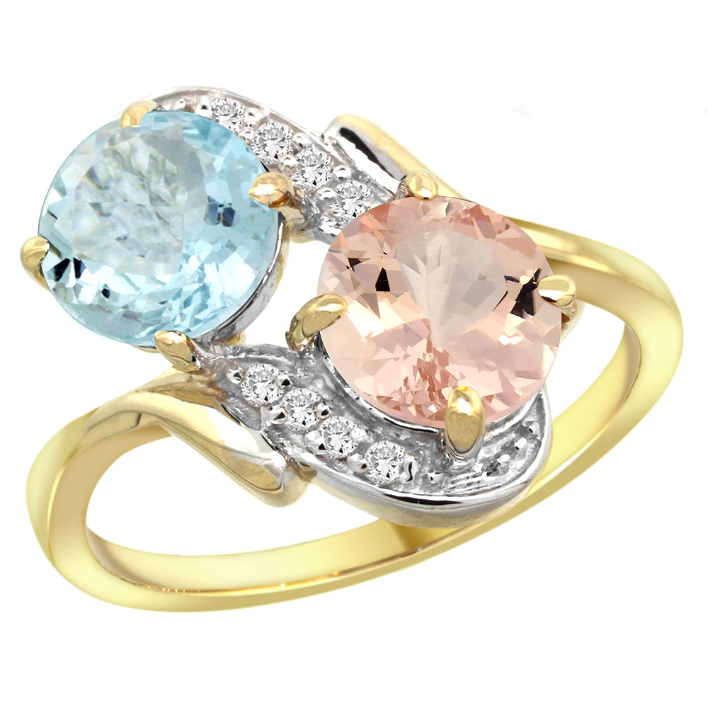 14k Yellow Gold Diamond Natural Aquamarine & Morganite Mother's Ring Round 7mm, 3/4 inch wide, sizes 5 - 10