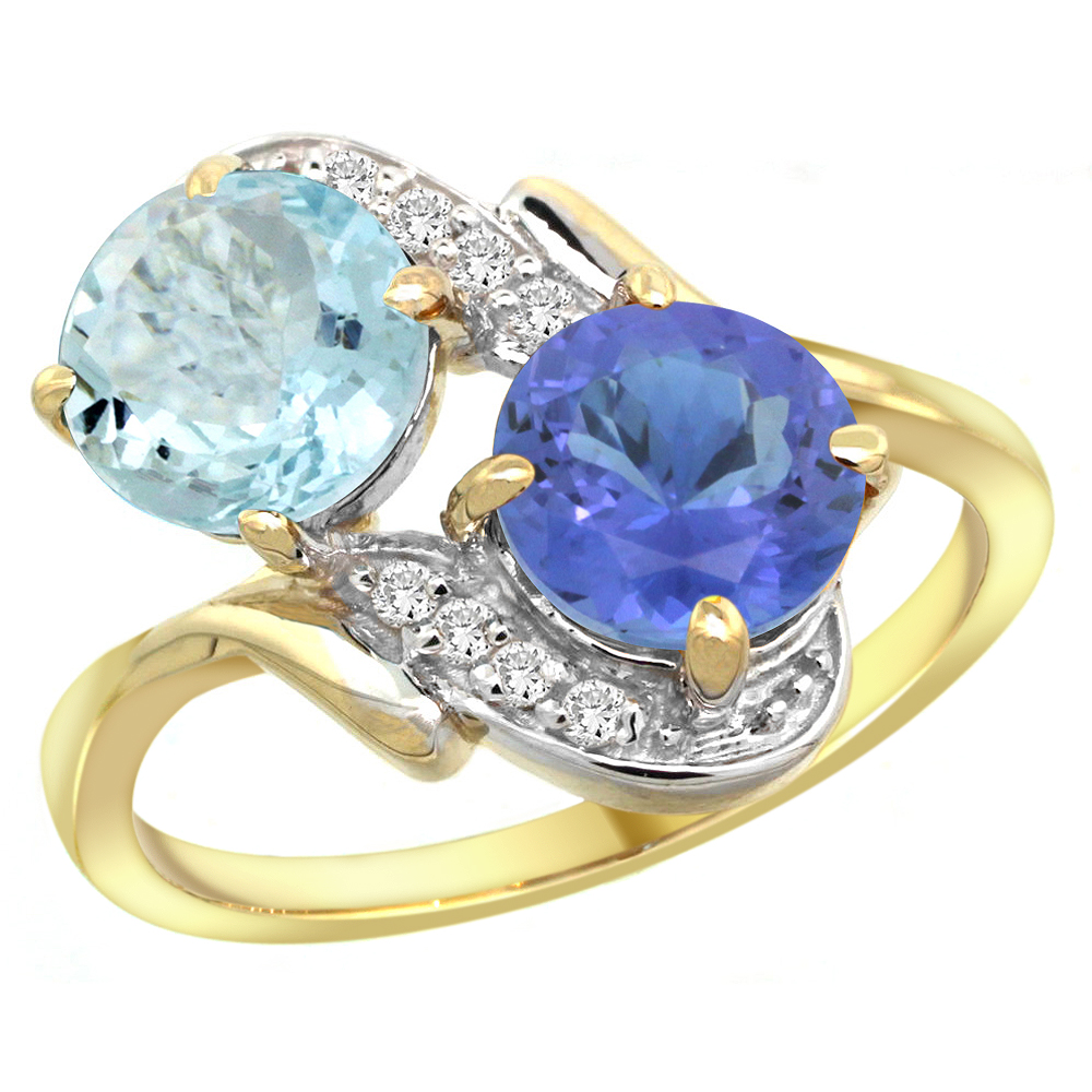 14k Yellow Gold Diamond Natural Aquamarine & Tanzanite Mother's Ring Round 7mm, 3/4 inch wide, sizes 5 - 10