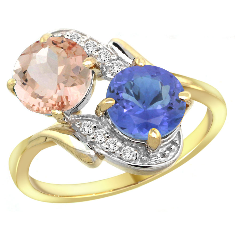 14k Yellow Gold Diamond Natural Morganite & Tanzanite Mother's Ring Round 7mm, 3/4 inch wide, sizes 5 - 10
