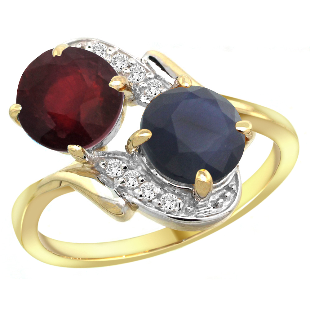 14k Yellow Gold Diamond Enhanced Genuine Ruby &Natural Quality Blue Sapphire 2-stone Ring Round7mm,sz5-10