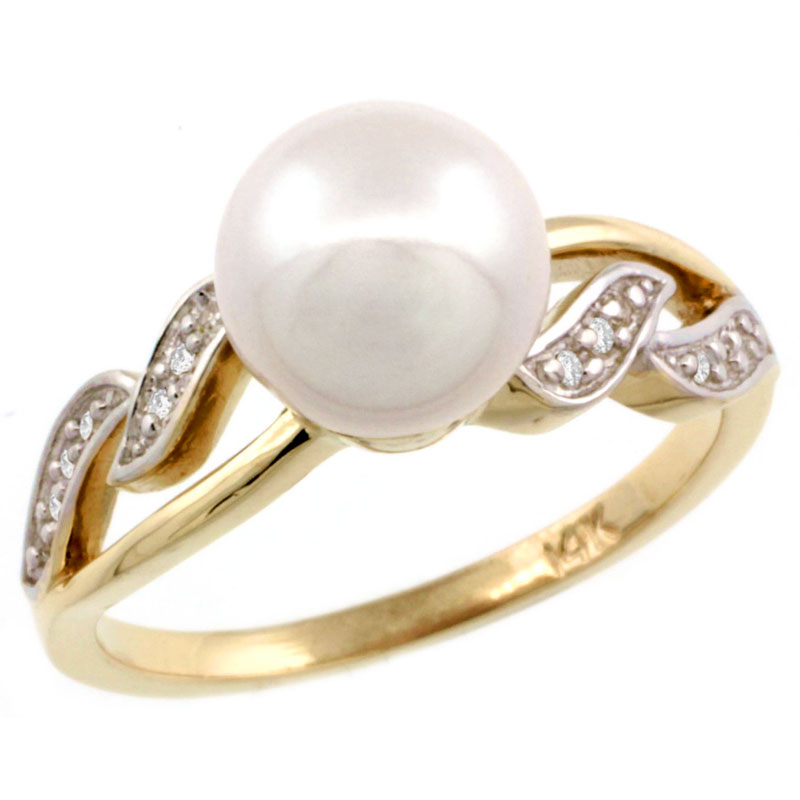 14k Gold Wavy Pearl Ring w/ 0.043 Carat Brilliant Cut ( H-I Color; VS2-SI1 Clarity ) Diamonds & 9mm White Pearl, 11/32 in. (9mm) wide