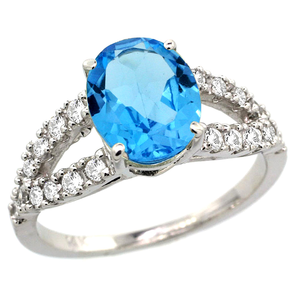 14k White Gold Natural Swiss Blue Topaz Ring Oval 10x8mm Diamond Accent, 3/8inch wide, sizes 5 - 10