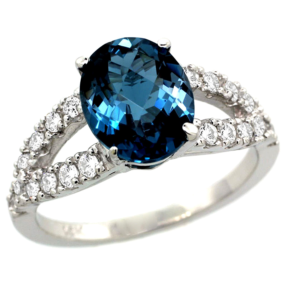 14k White Gold Natural London Blue Topaz Ring Oval 10x8mm Diamond Accent, 3/8inch wide, sizes 5 - 10