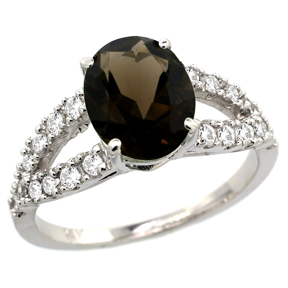 14k White Gold Natural Smoky Topaz Ring Oval 10x8mm Diamond Accent, 3/8inch wide, sizes 5 - 10